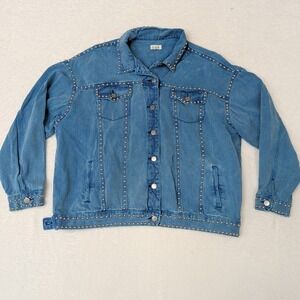 POL Studded Denim Jacket Women's Large Blue Western Boho Festival Rocker Jean